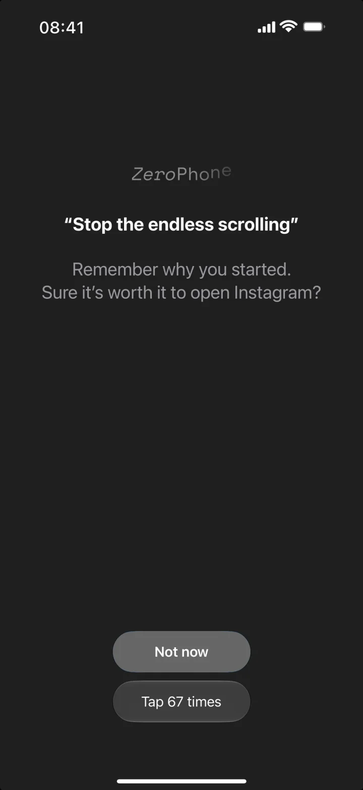 The ZeroPhone block screen shown in front of Instagram, with the user's own reason for cutting back