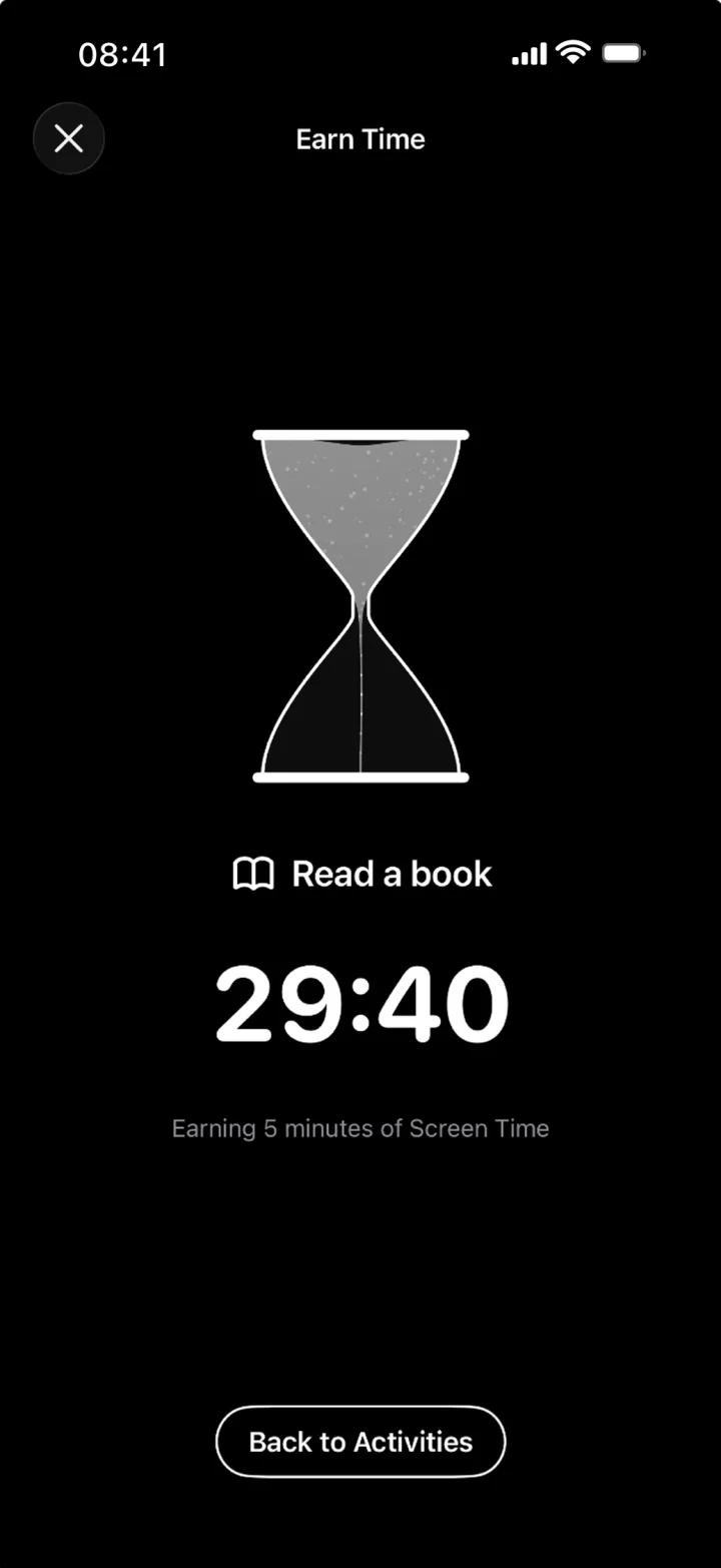 Choosing an activity, like a walk, to unlock screen time