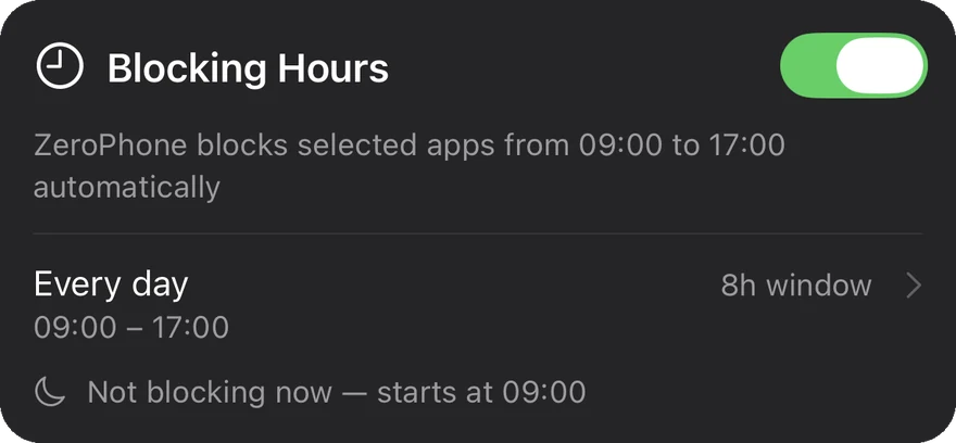 Blocking Hours set to every day from 09:00 to 17:00