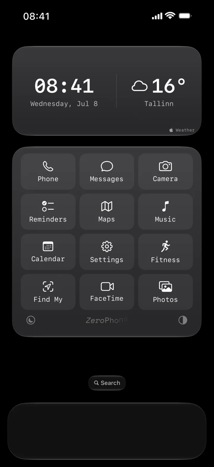 ZeroPhone's text-only home screen with a clock, the weather, and a short list of apps